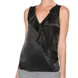 WHBM Surplice Ruffle Confetti Satin Shell in Black Size XXS
